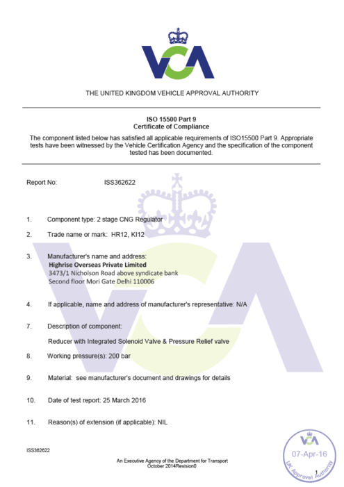 ISO 15500 Part 9 compliance certificate for CNG regulator from Highrise Overseas Pvt Ltd