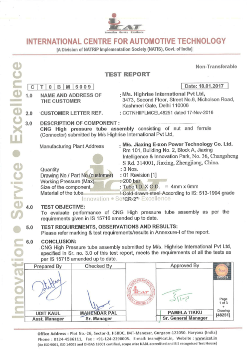 Test report from International Centre for Automotive Technology on CNG high-pressure tube assembly